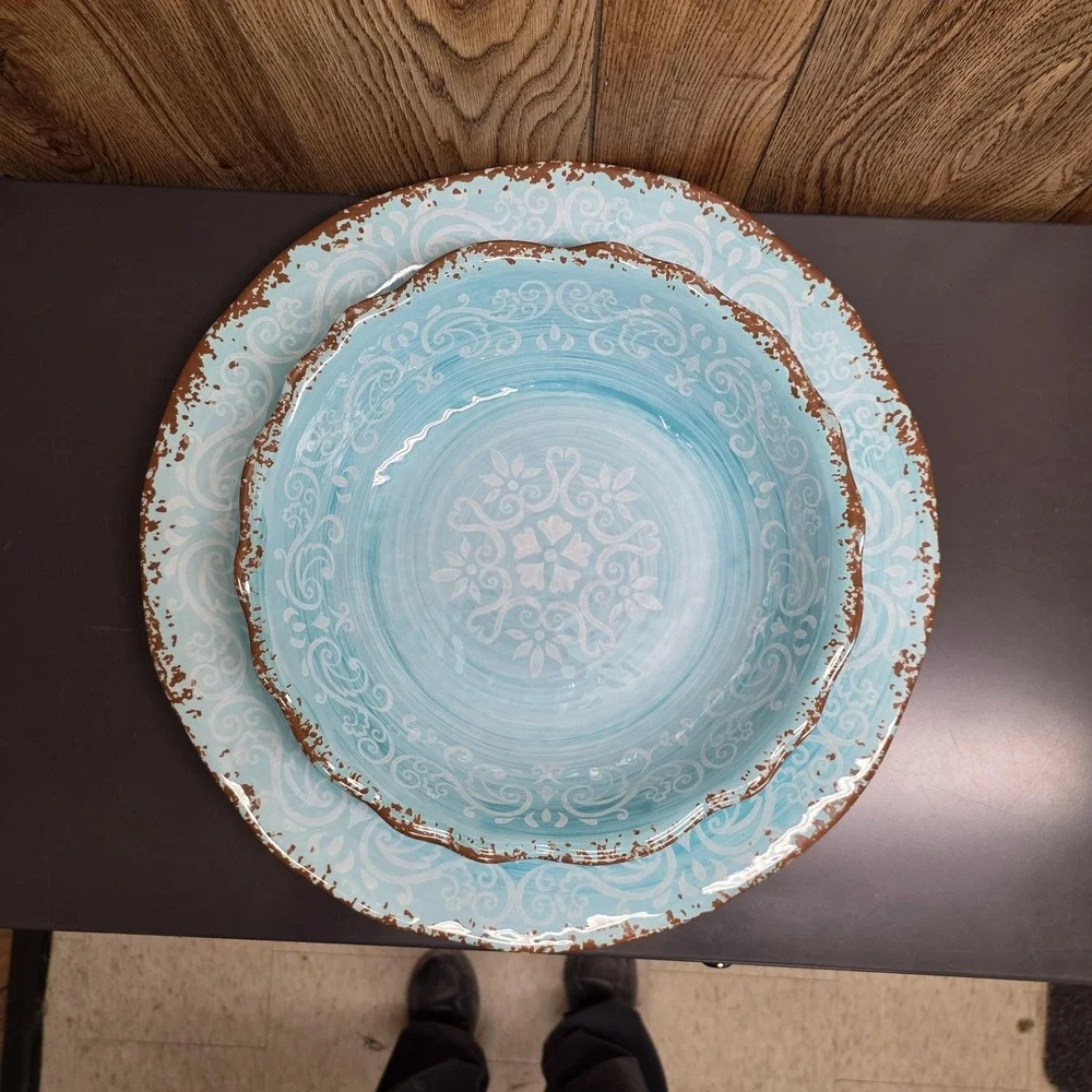 Cynthia Rowley Large Blue Melamine Serving Platter & Bowl Set Floral Farmhouse